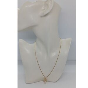 Gold Tone Angel Pendant Necklace Faux Pearl Teardrop Wings 9.5" Cable Chain #25